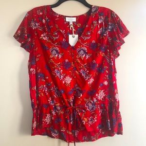Lucky Brand red floral short sleeve blouse NWT